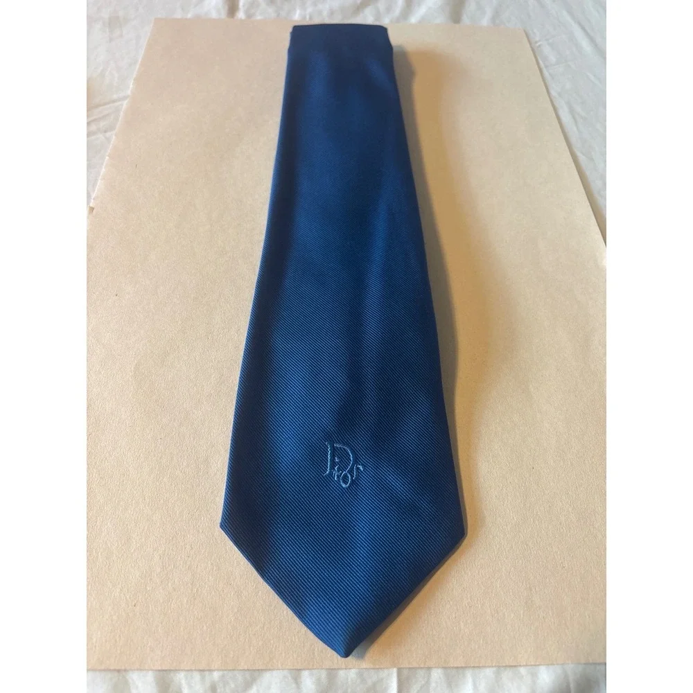Christian Dior Necktie Mens One Size Blue Good Vintage CD Logo Ribbed Cravates